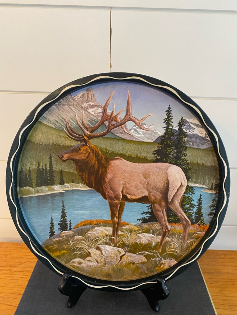 Vintage Tin Lithograph Elk Serving Tray MCM Western Decor Cabincore Wildlife
